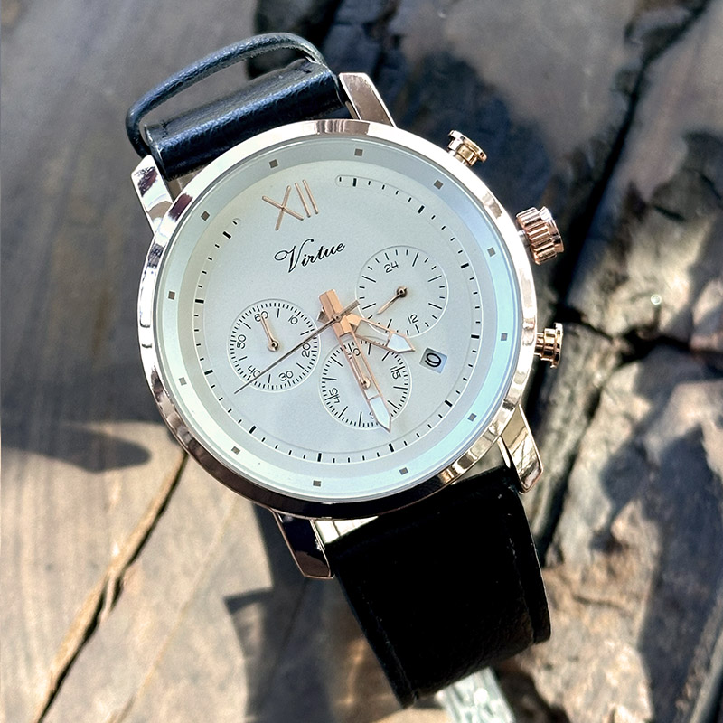 Virtue Multifunction Calendar Stainless Steel Leather Band Alloy Case Water Resistant 3ATM Quartz Movement Business Watch - Virtue