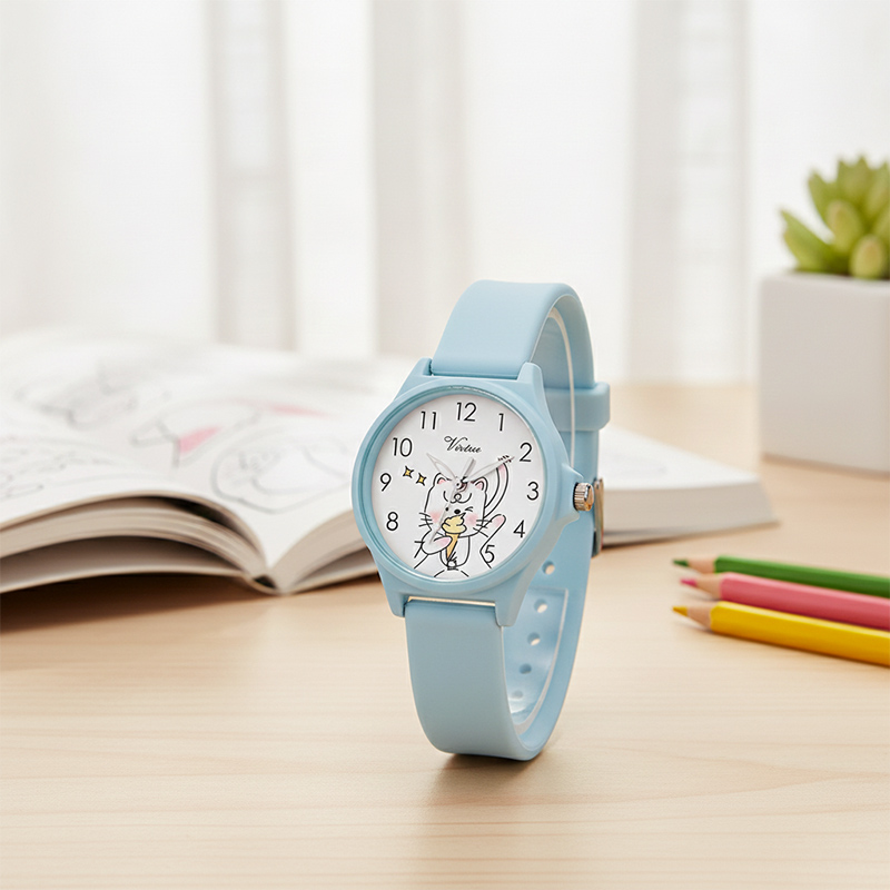 Fashionable Quartz Watch for Kids Cute Cartoon Cat Cupcake Design with Silicone Strap Daily Wear Accessory - Virtue