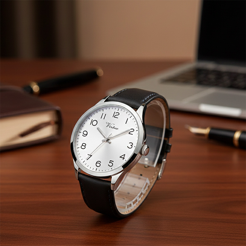 Business-Style Quartz Watch for Men Women Stylish Leather Strap Glass Dial Window Simple Alloy Case Fashionable Design - Virtue
