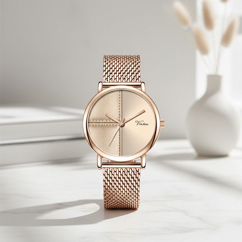 Elegant Women's Watch with Rose Gold Alloy Mesh Strap & Faux Leather Pattern Dial - Virtue
