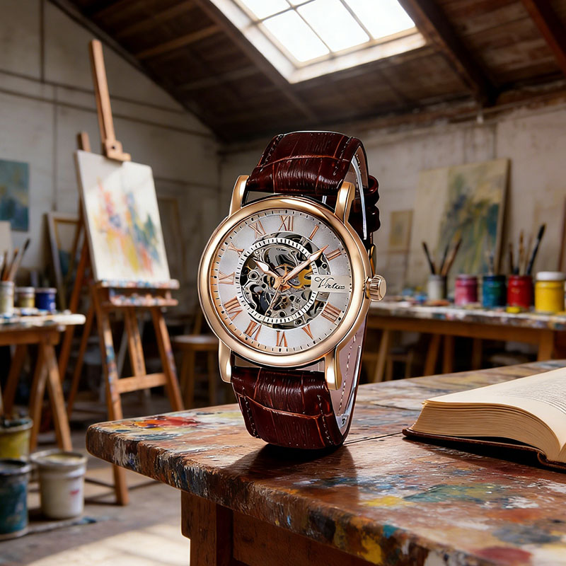 Virtue Skeleton Luxury Design Mens Watch Mechanical Movement Alloy Case Leather Strap Water Resistant Bulk Custom - Virtue