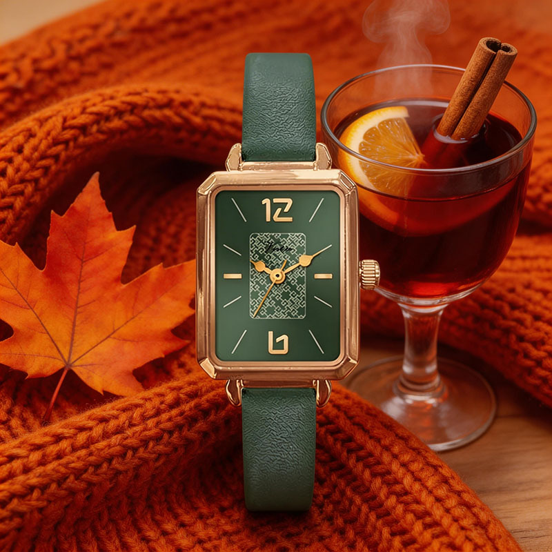 Light Luxury Small Green Rectangle Quartz Women's Watch Rose Gold Alloy Case Leather Band Fashion Elegant Wristwatch - Virtue